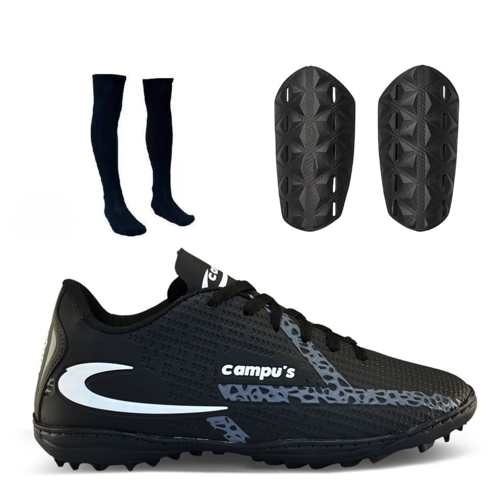 Kit Chuteira Society com Meião e Caneleira para Grama Sintetica Sola Costurada e Reforçada