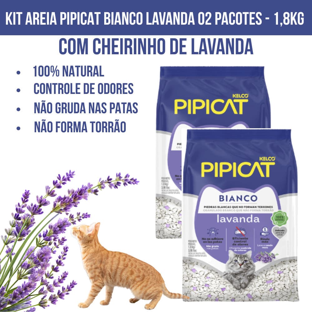 Kit 02un Areia Sanitária Gato Pipicat Bianco Lavanda Pacote 1,8kg Controle Odores Granulado Natural