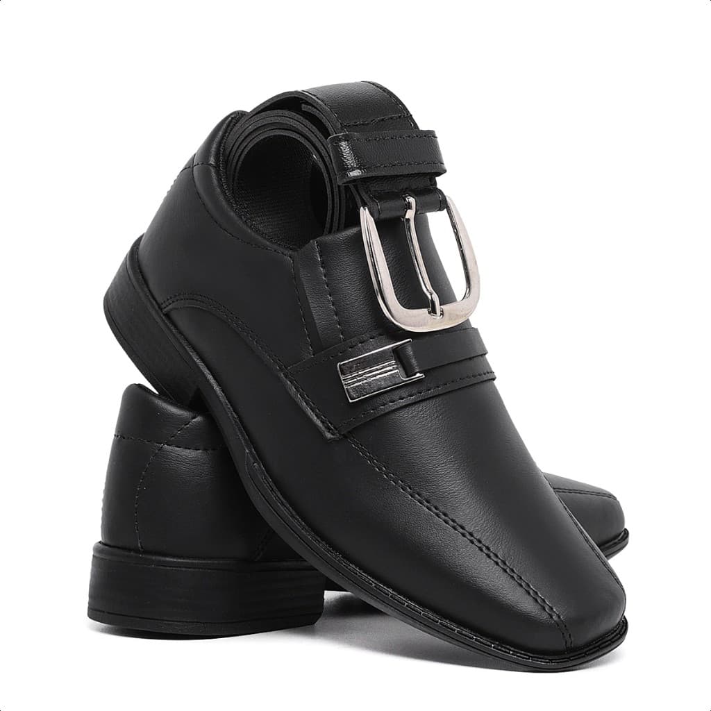 Kit Sapato Social Infantil Masculino Cinto 445 Pajem Bico Quadrado Formatura Casamento
