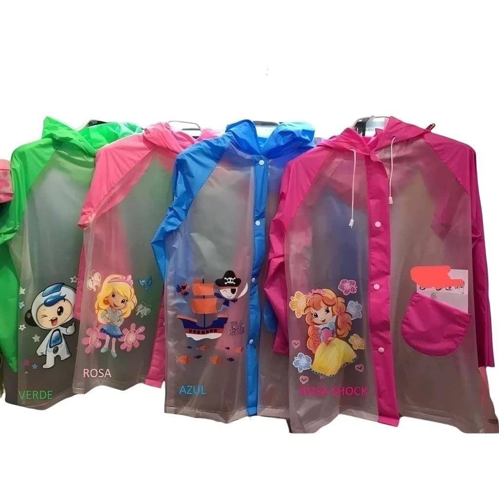 Capa de chuva infantil semi transparente com estampas menino menina com capuz e bolsos PVC