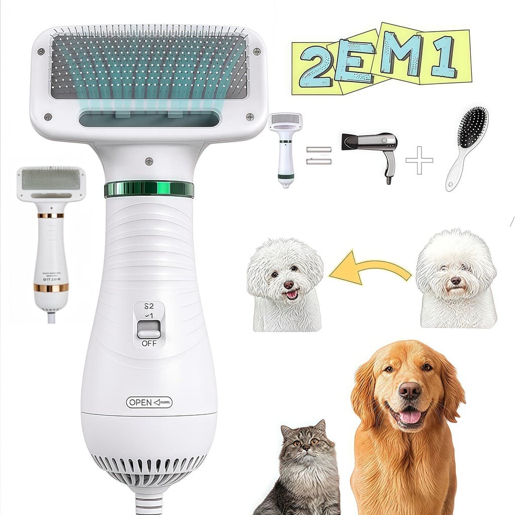 Baixo Ruído!,Escova Secadora Pet - 2 EM 1 Seca Remove Pelos Coelho Gato cachorro 110V