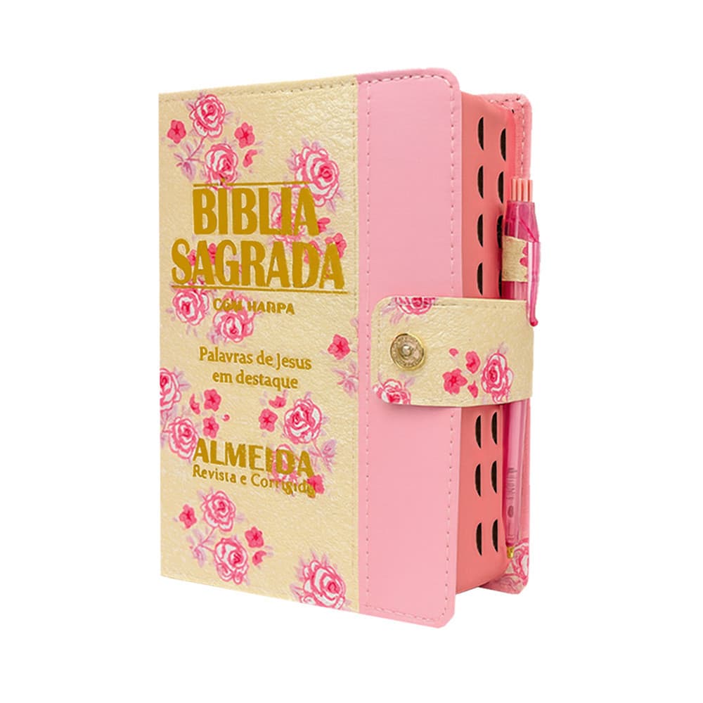 Biblia Letra Grande C/harpa E Botão - Floral E Rosa