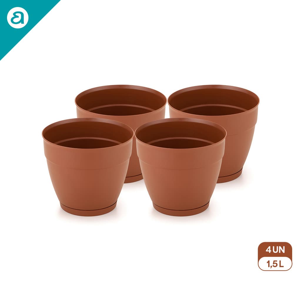 Kit 4 Vasos Redondos Pequeno 1,5L com Prato Anti-Dengue Plástico Resistente para Jardim e Varanda