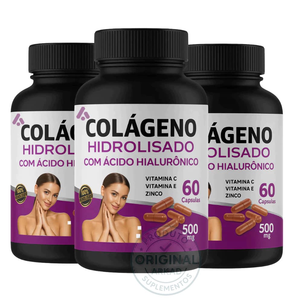 KIT 3 Acido Hialuronico Colageno Hidrolisado Vit C Anti Idade  - 180 capsulas - Arkad Suplementos