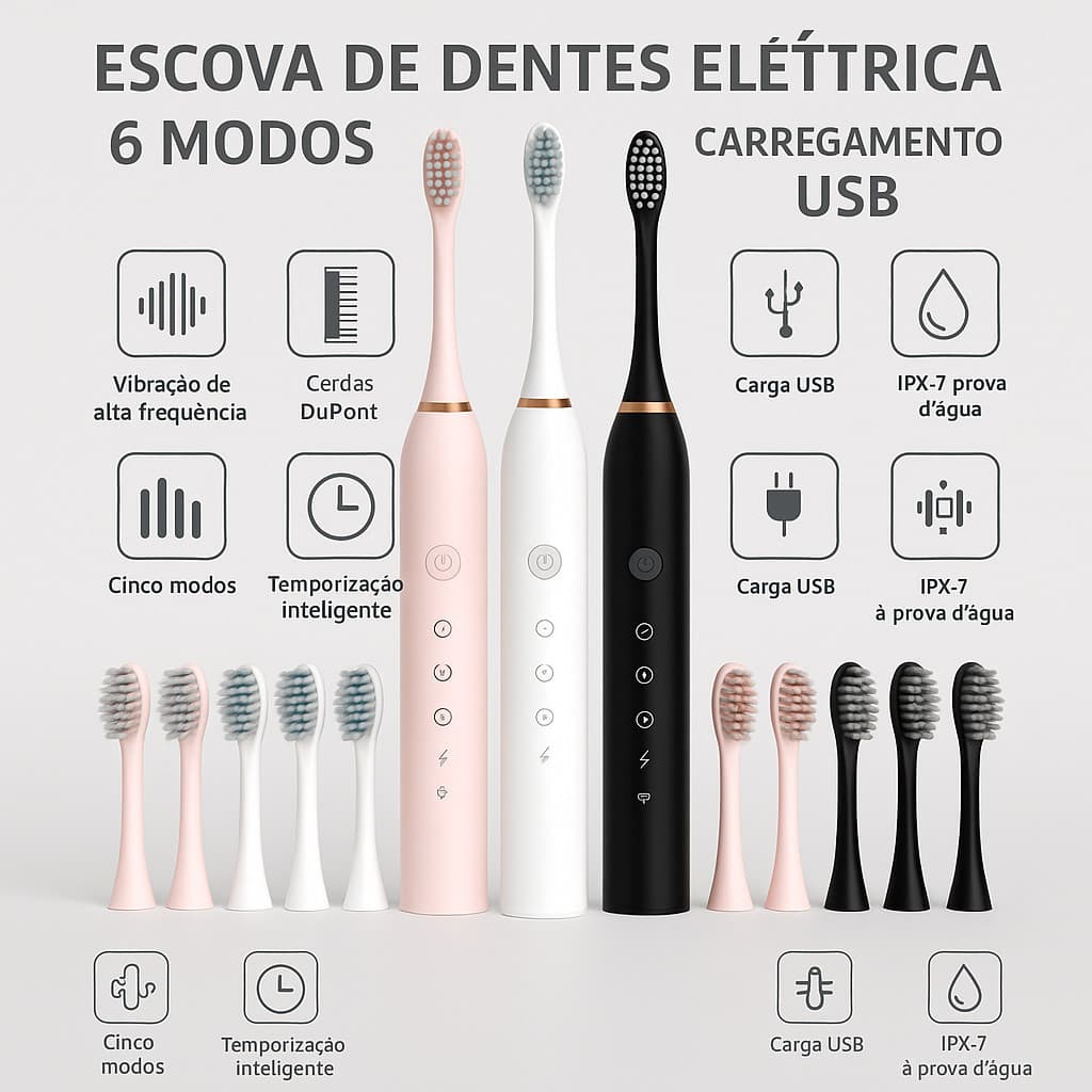 Kit Escova Dental Elétrica Sônica Recarregável IPX7 à Prova d’Água c/ 2 Cabeças Substituíveis