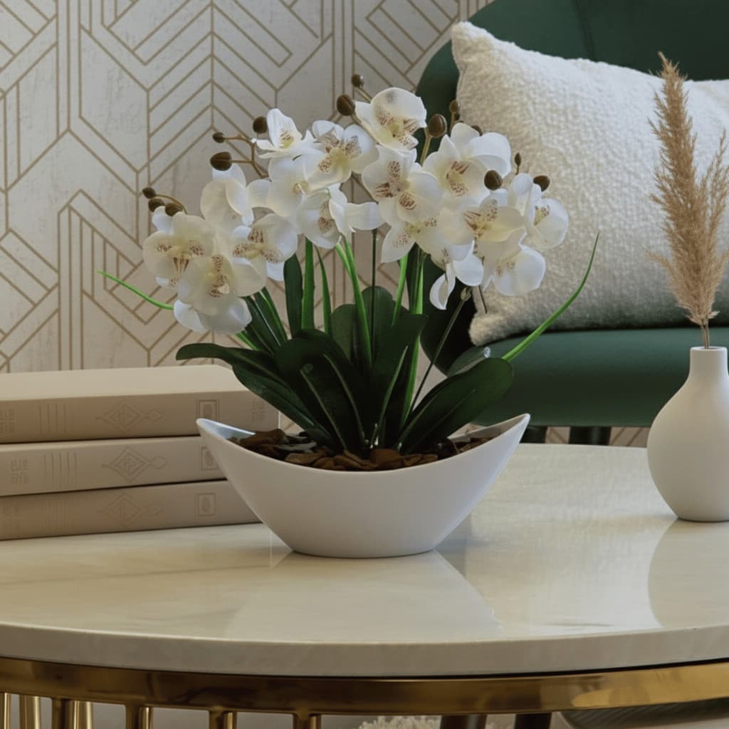 Arranjo de Orquídea Artificial Planta Decorativa Vaso e Casca Polida