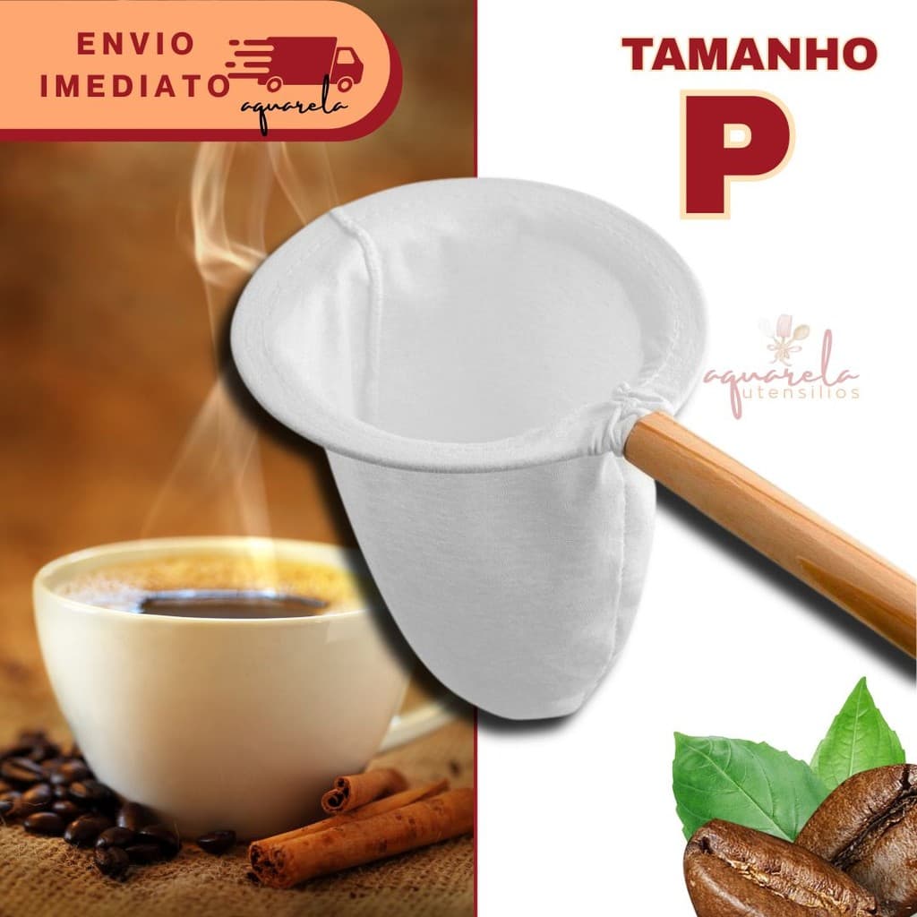 Kit Coador de Café de Pano Pequeno Flanelado com Cabo de Madeira Reutilizável e Sustentável