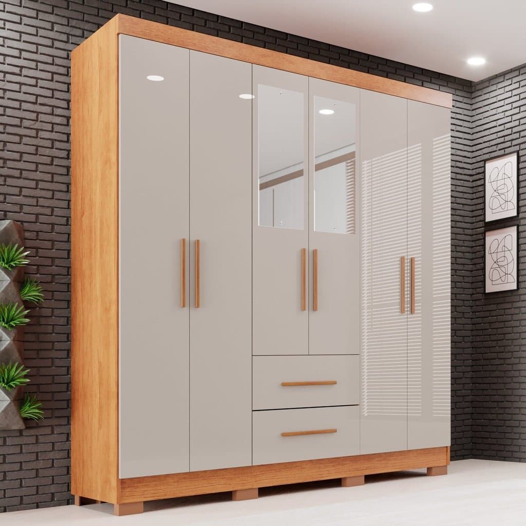 Guarda-roupa Casal com Espelho 6 Portas 2 Gavetas Estrela Premium Cinamomo/Off White