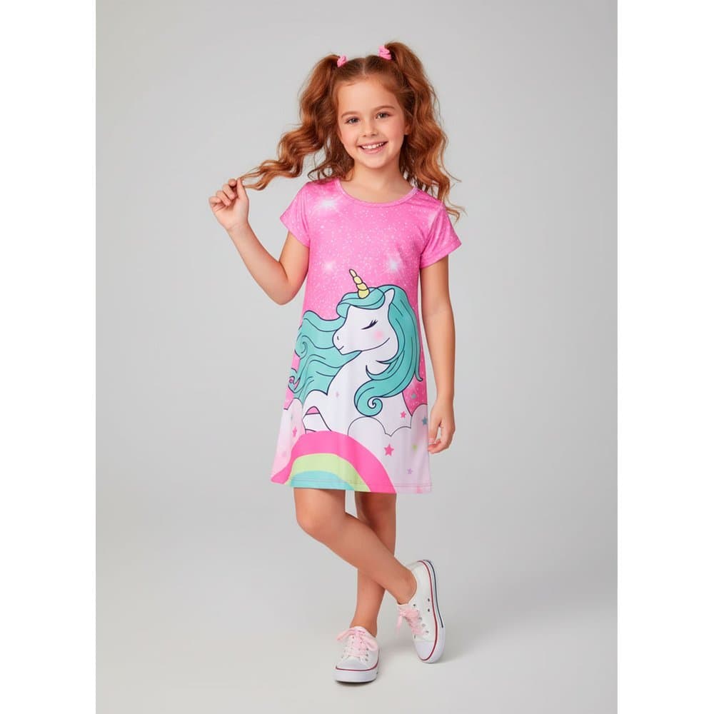 Vestido Infantil Manga Curta Unicórnio Mágico Rosa 0112- Laluna