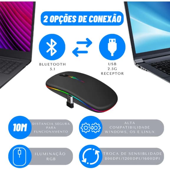 Mouse sem fio dual band receptor nano 2,4ghz / Bluetooth RGB recarregável Ergonômico