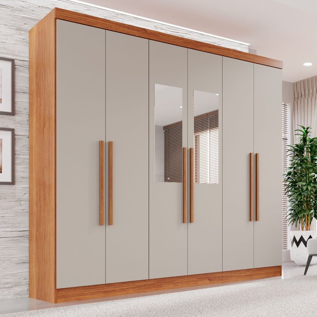Guarda-roupa Casal com Espelho 6 Portas 2 Gavetas França Cinamomo/Off White