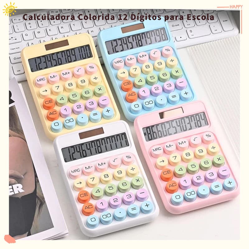 aCalculadora Colorida 12 Dígitos com Estilo Mecânico e Teclado de 1 Peça Mecânica - Ideal para Escola