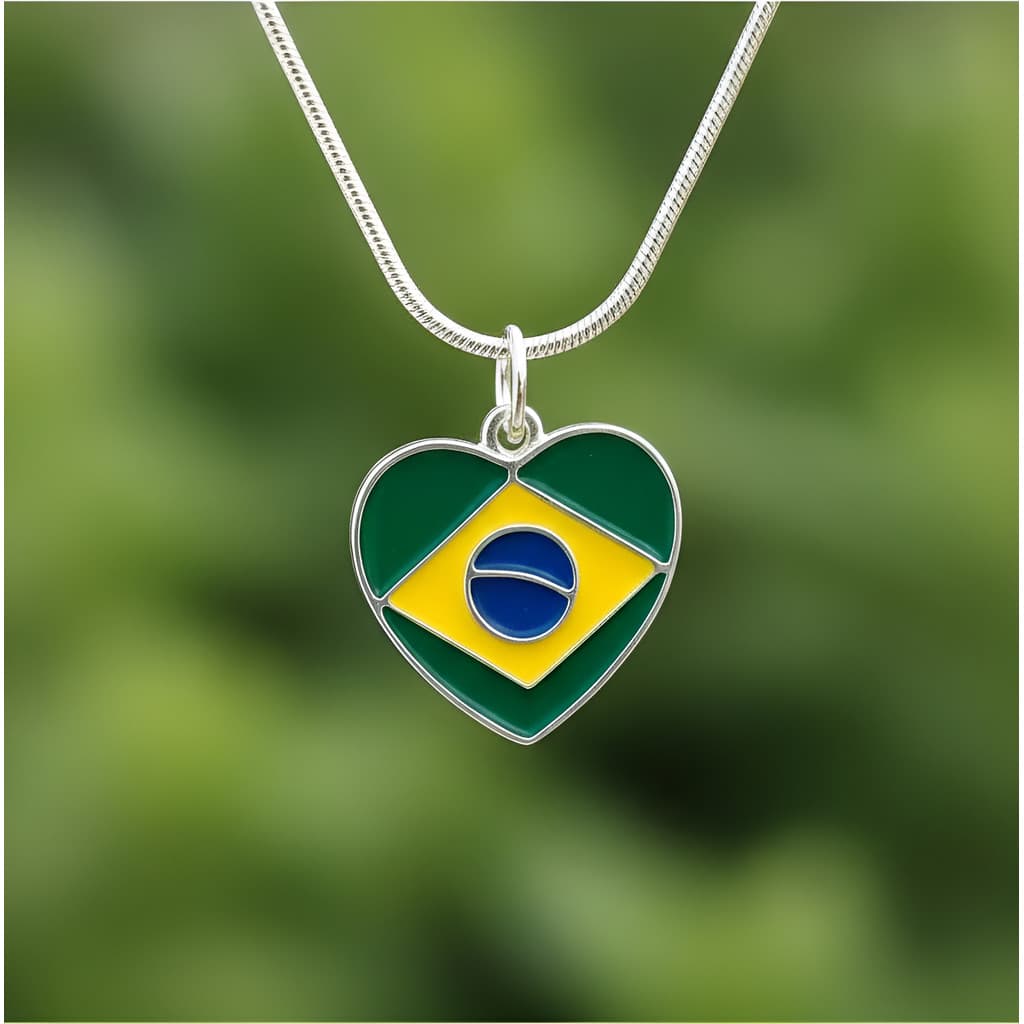 Colar Coração Bandeira Do Brasil Unissex Prata