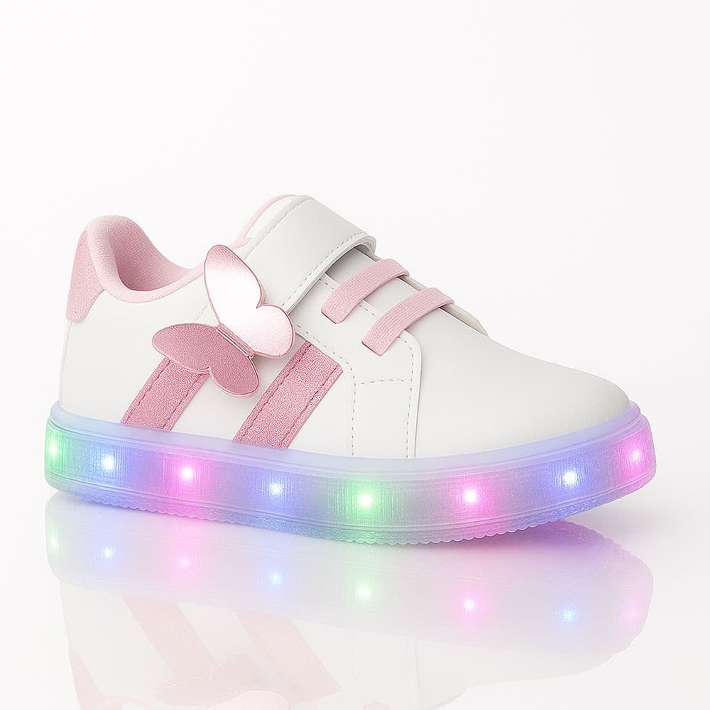 Tenis Calçado Sapato Infantil Feminino Borboleta Glitter com Luz de Led Brilhante
