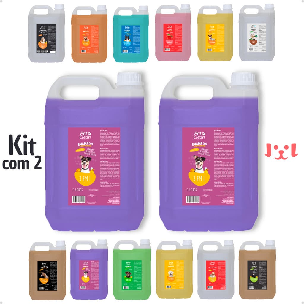 Kit 2 Shampoo Condicionador Banho Pet Shop para Cachorro e Gato Pet Clean Galão 5L