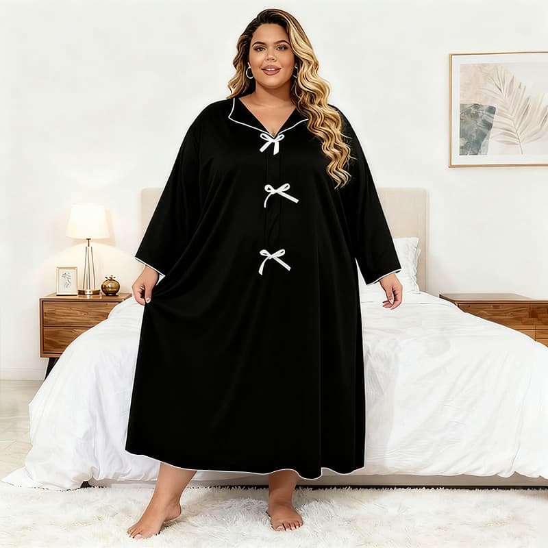 [Pijamas Grandes] (50-150kg) Vestido Feminino De Manga Comprida Plus Size Com Decote Em V E Botão Solto Roupa De Dormir