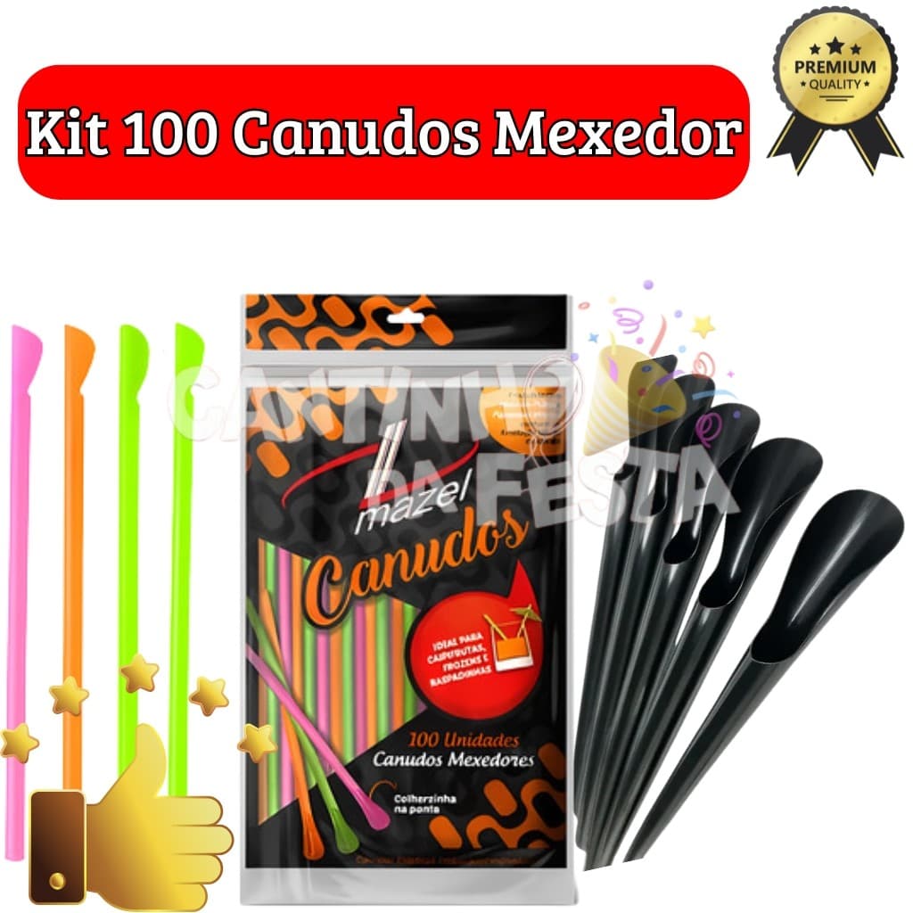 100 Canudos Mexedores Colher Caipirinha Drinks Sucos Cores Sortidas ou Preto Bar Festa