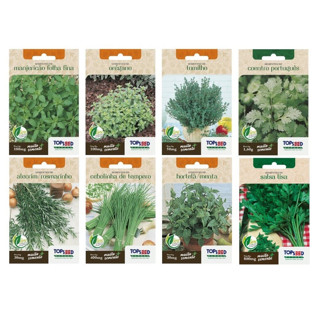 Kit 8 Sementes de Horta Temperos Alecrim Cebolinha Hortela Manjericao Oregano Tomilho Coentro Naturais Jardim Caseiro