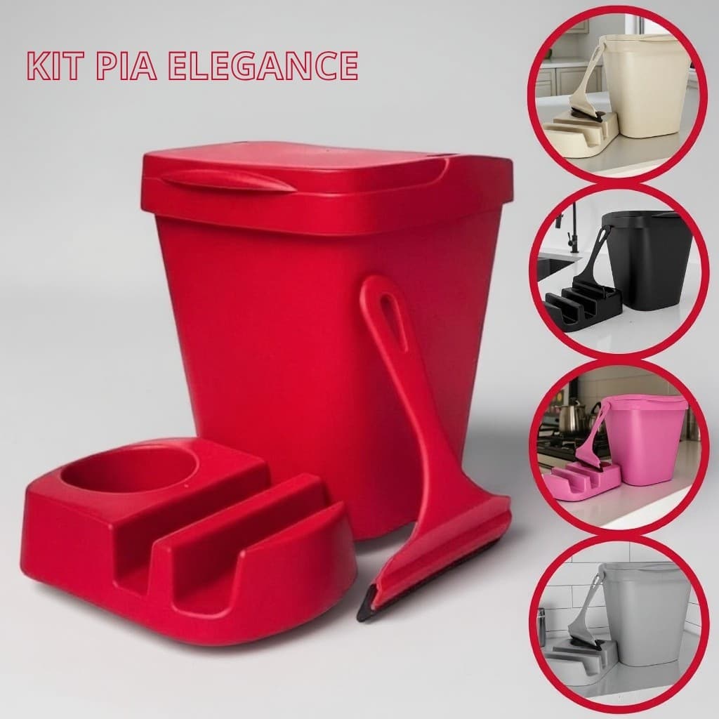 Kit Organizador de Pia Elegance 3 em 1 – Lixeira 4,8L, Rodinho e Porta Detergente