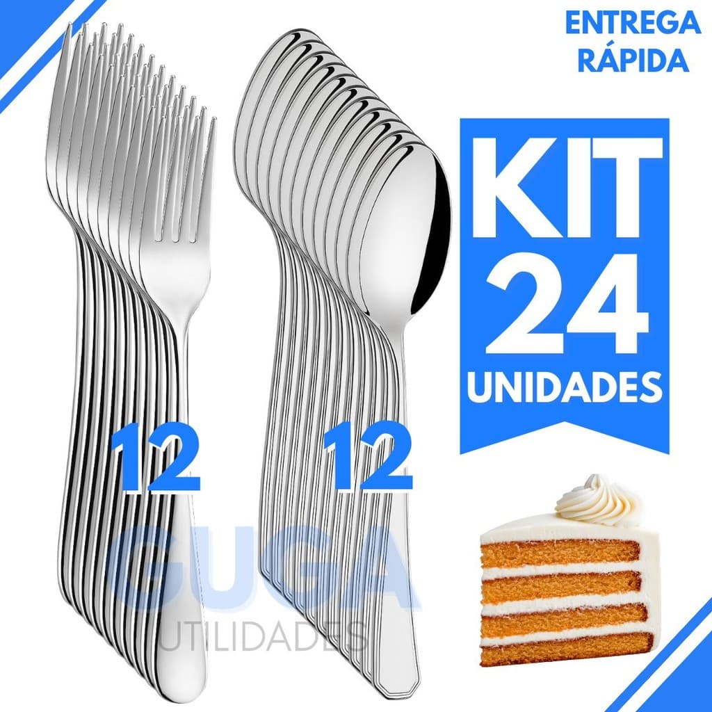 Kit 24 Talheres de Sobremesa Inox Premium, 12 Garfos e 12 Colheres, Resistentes, Elegantes e Ideais para Doces e Bolos
