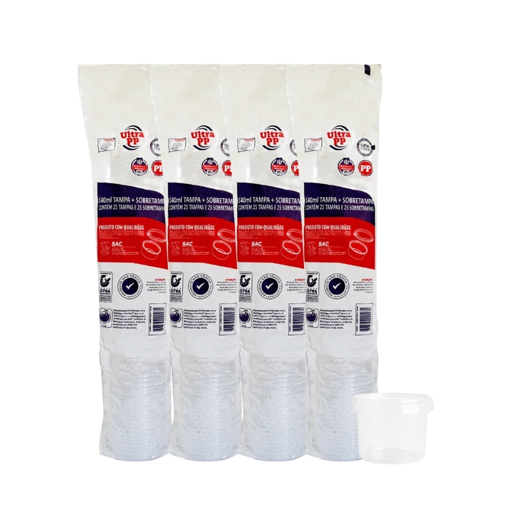 Kit 4 Pacotes de Potes de 140ml com tampa PP transparente Ultratherm Replast com 25 unidades