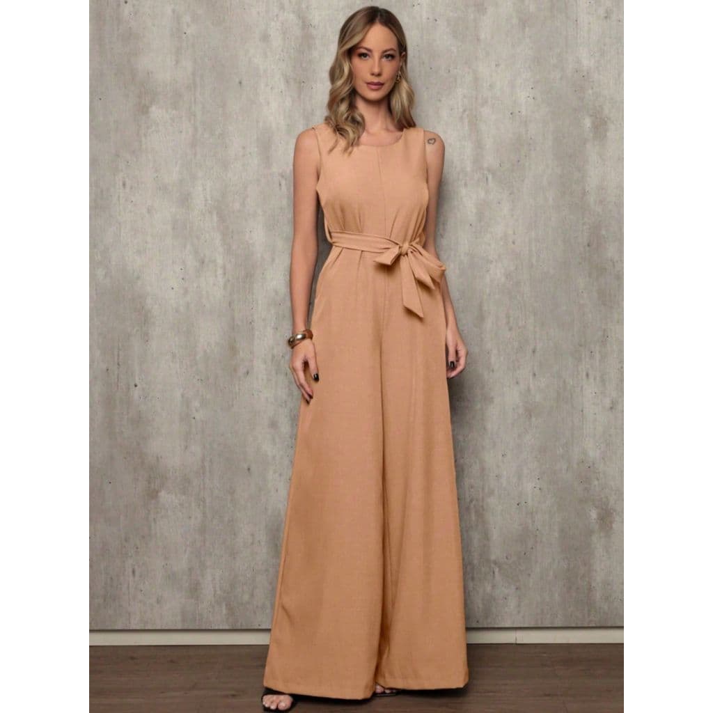 Macacão Pantalona Elegante de linho Pernas largas e Bolsos Discretos MACACÃO ALFAIATARIA COM BOLSO E CINTO