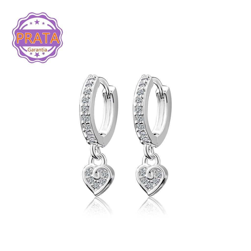 1 Par Brinco Argola Prata 925 Zircônias Cravejado Brilhante Com Pingente Coração - Piercing Orelha