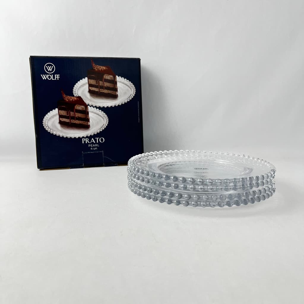 Jogo 04 Pratos Sobremesa Cristal Bolinhas Pérolas Pearl Transparente 20cm Wolff