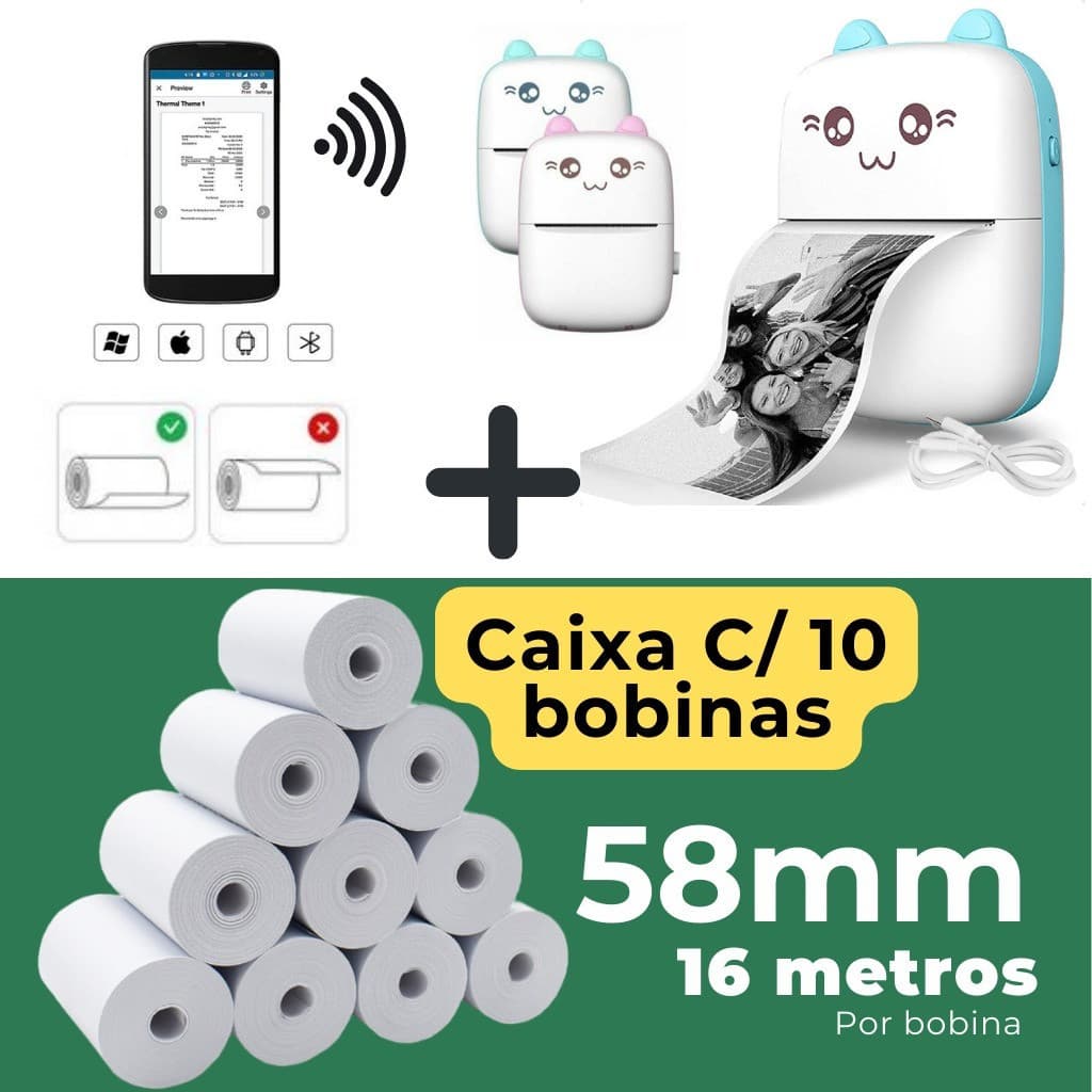 Mini Impressora Térmica Gatinho Bluetooth + 10 Bobinas Lisa