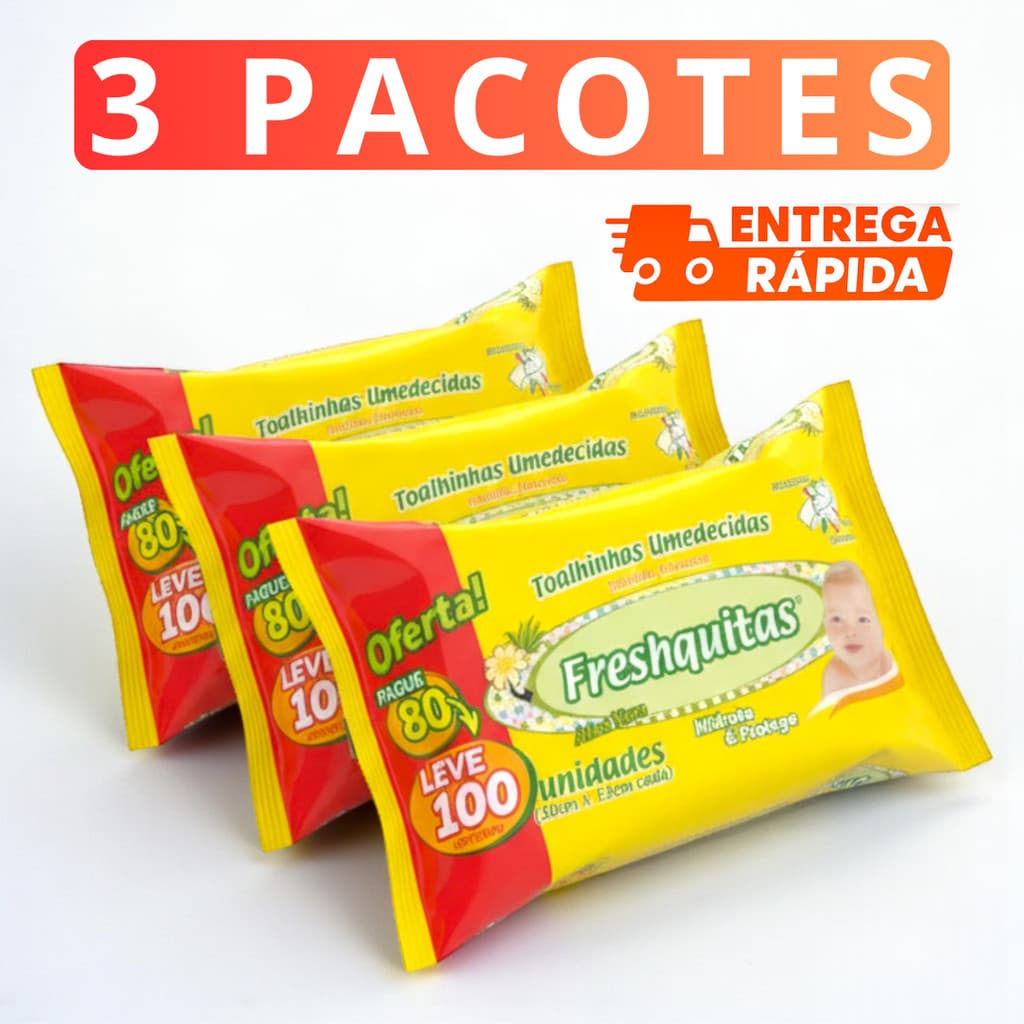 3 PACOTES TOALHAS UMEDECIDAS KIT LENÇO ECONÔMICO MIMO BEBE RECEM NASCIDO FRESHQUITAS SEM ÁLCOOL