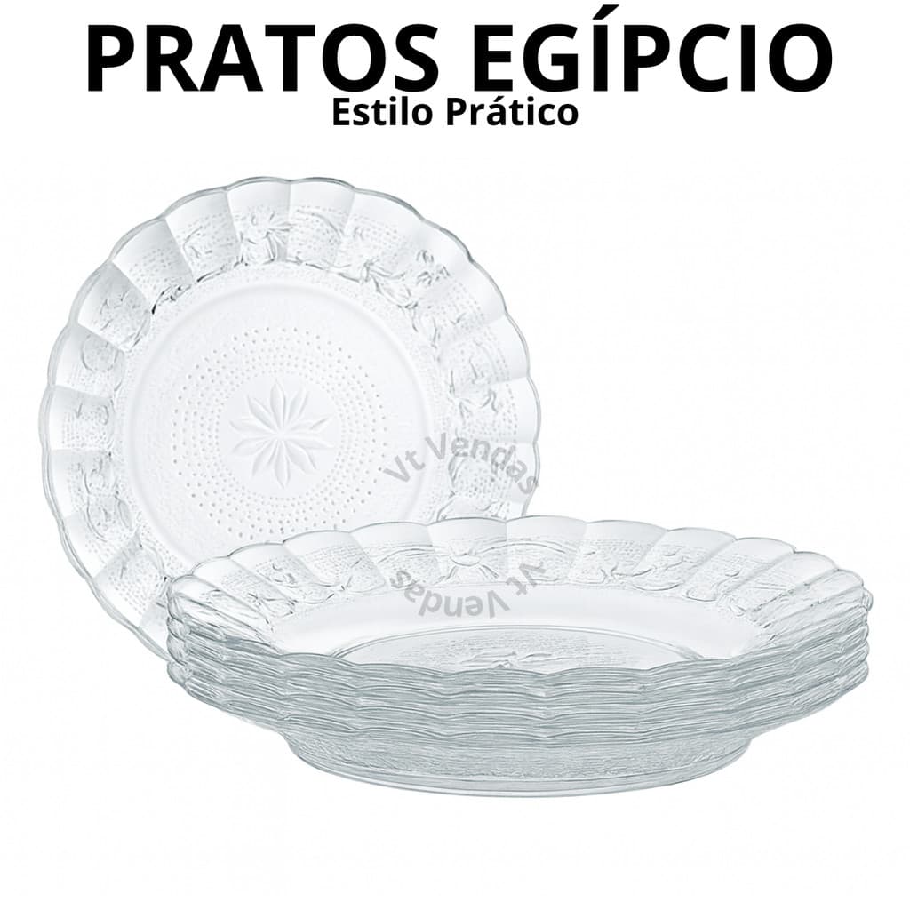 Kit Até 12 Pratos Egípcio em Vidro Reforçado Decorado 22cm – Elegância e Resistência para Mesa Posta