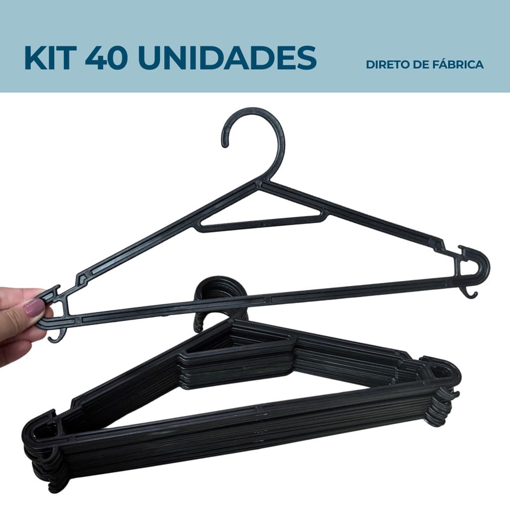 Kit 40 Cabides Multifuncional Preto Adulto Direto de Fábrica - ESTRELA G007
