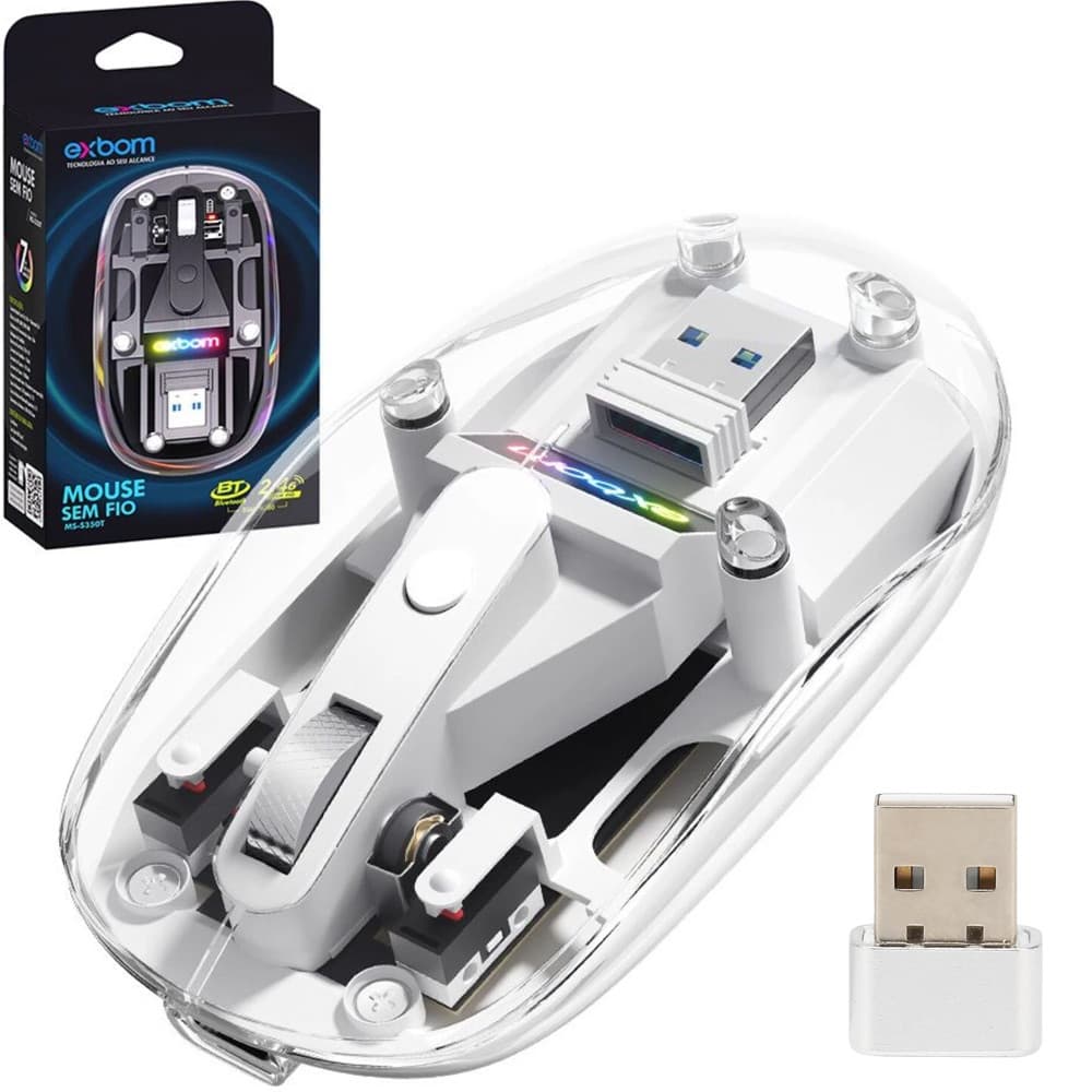 Mouse Sem Fio Wireless Bluetooth + 2.4ghz Transparente Exbom MS-350T