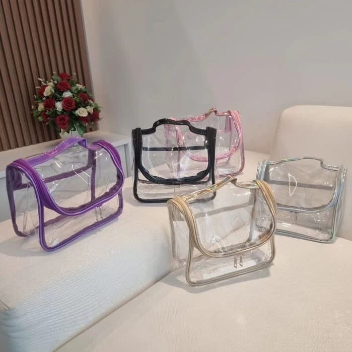 Bolsa Necessaire Transparente Frasqueira com Zíper Duplo e Alça PVC Reforçado Viagem e Maquiagem