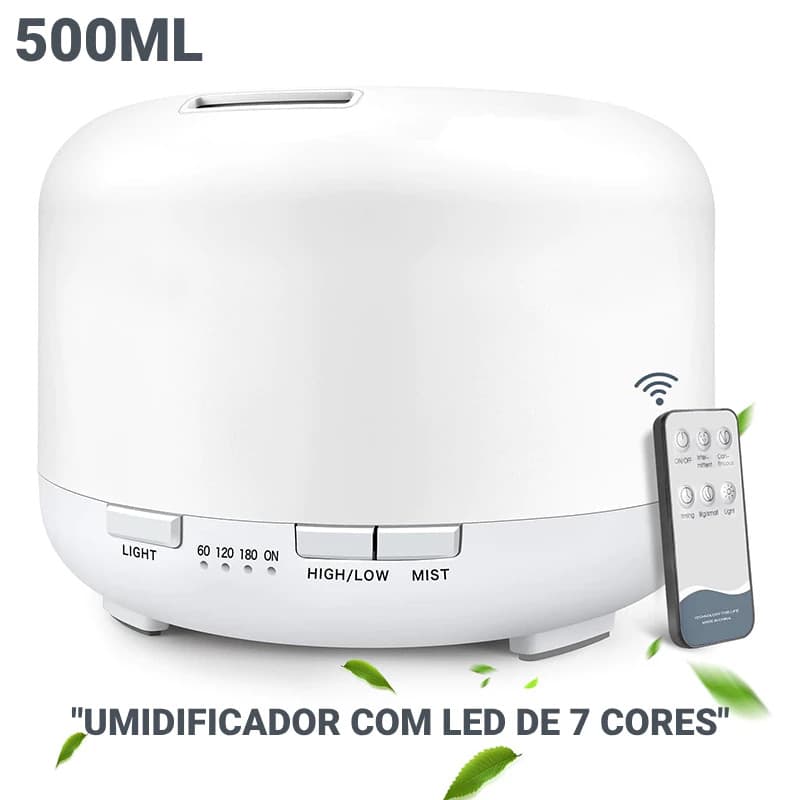 Difusor de 500ml/300ml com Controle Remoto: Umidificador, Aromatizador e Luz LED 7 Cores