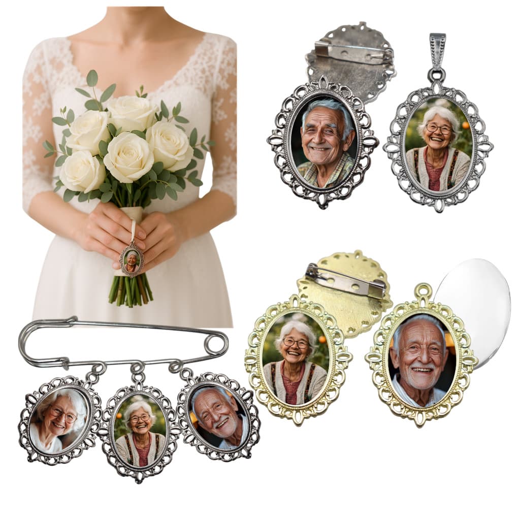 Relicário Broche Noivo Buquê de Noivas Banhado Cor Prata Dourado Luxo Com Foto