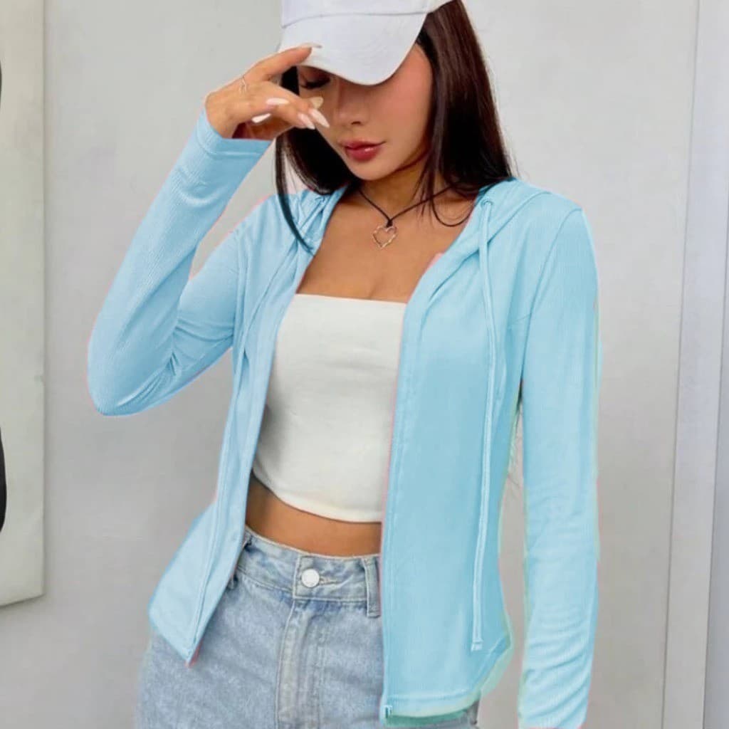 Casaco Tecido Ribana Moda Feminina Blusa Academia Lisa Basica Esportiva Jaqueta Com Capuz Ziper Dia a Dia Caminhada