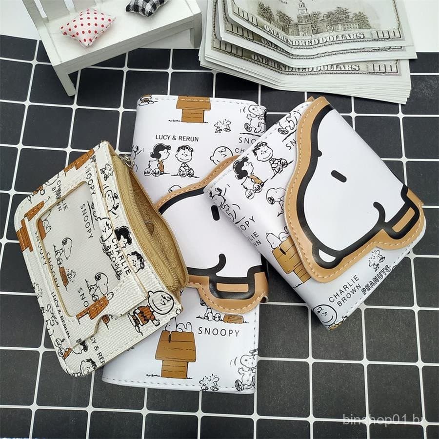Carteira Fofa Snoopy Longa e Curta para Meninas, Carteira de Moedas em PU com Coração, Carteira Dobrável Fofa Snoopy Lon