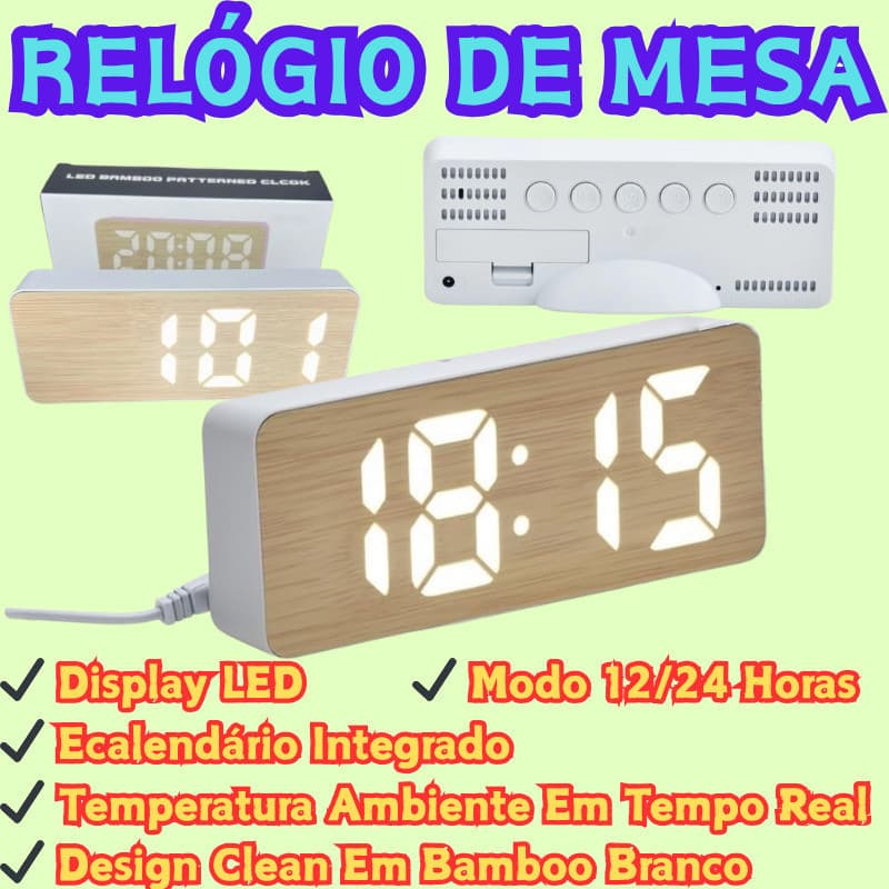 Branco Despertador De Cabeceira LED Digital Silencioso De Madeira Multifuncional Com Padrão