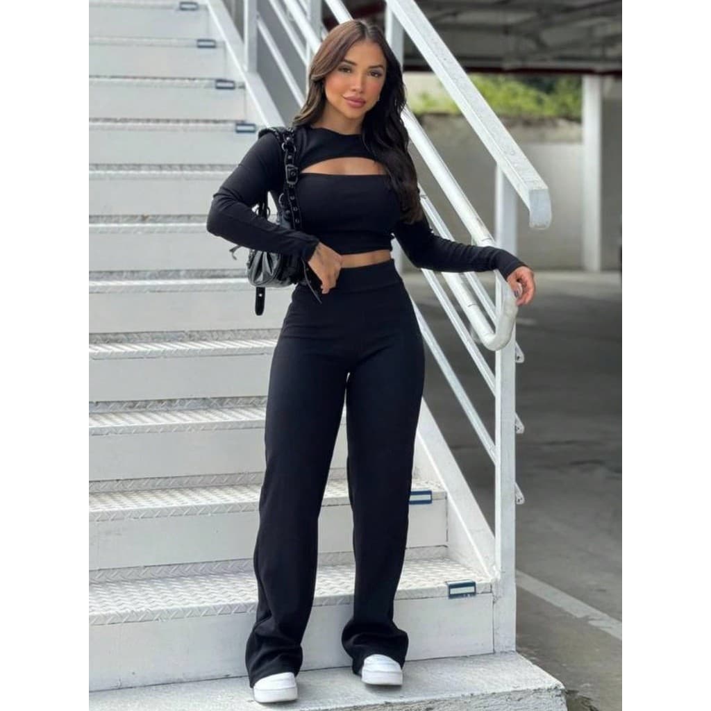 Conjunto Feminino Cropped Decote/Calça Duas Peças Outono/Inverno