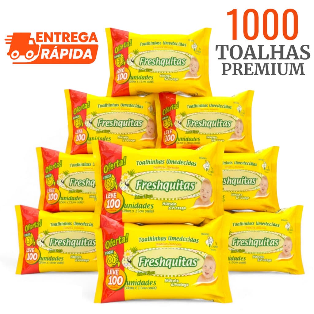 Caixa com 10 Lenços Umedecidos Bebê Freshquitas Premium Kit com 1000 Toalhas Atacado Promoção