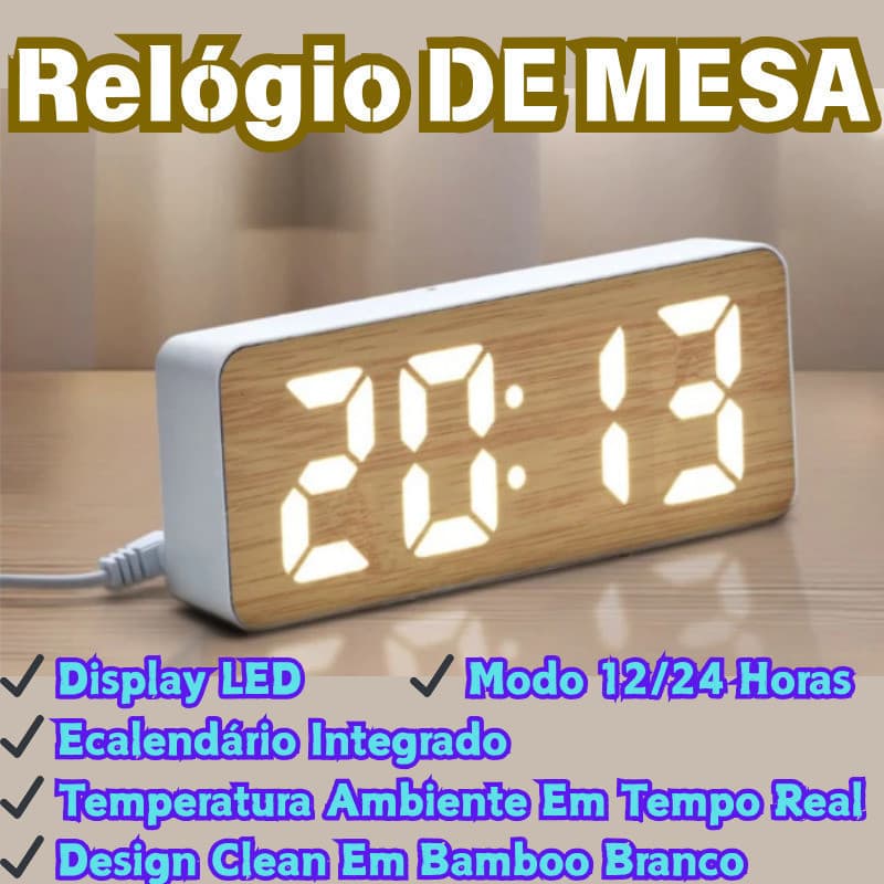 Despertador De Cabeceira LED Branco Digital Silencioso Com Padrão De Madeira Multifuncional