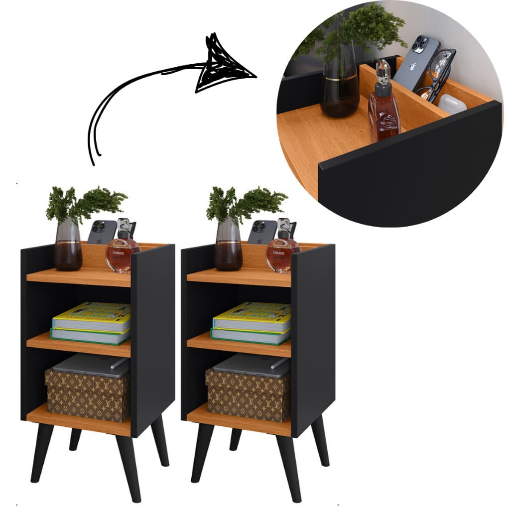 Kit 2 Criados-Mudos Compactos com Porta-Celular e Pés Retrô  Mesa Lateral Moderna Quarto