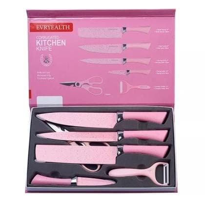 Kit Facas Inox Rosa 6 Peças Premium c/ Tesoura e Descascador – Cozinha Completa