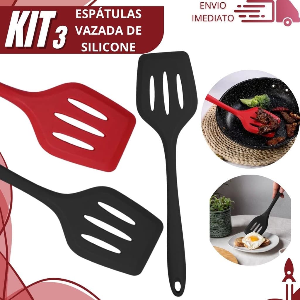 Kit 1, 2 ou 3 Espátula de Silicone Vazada Resistente ao Calor Utensílio para Panela Antiaderente Cozinha