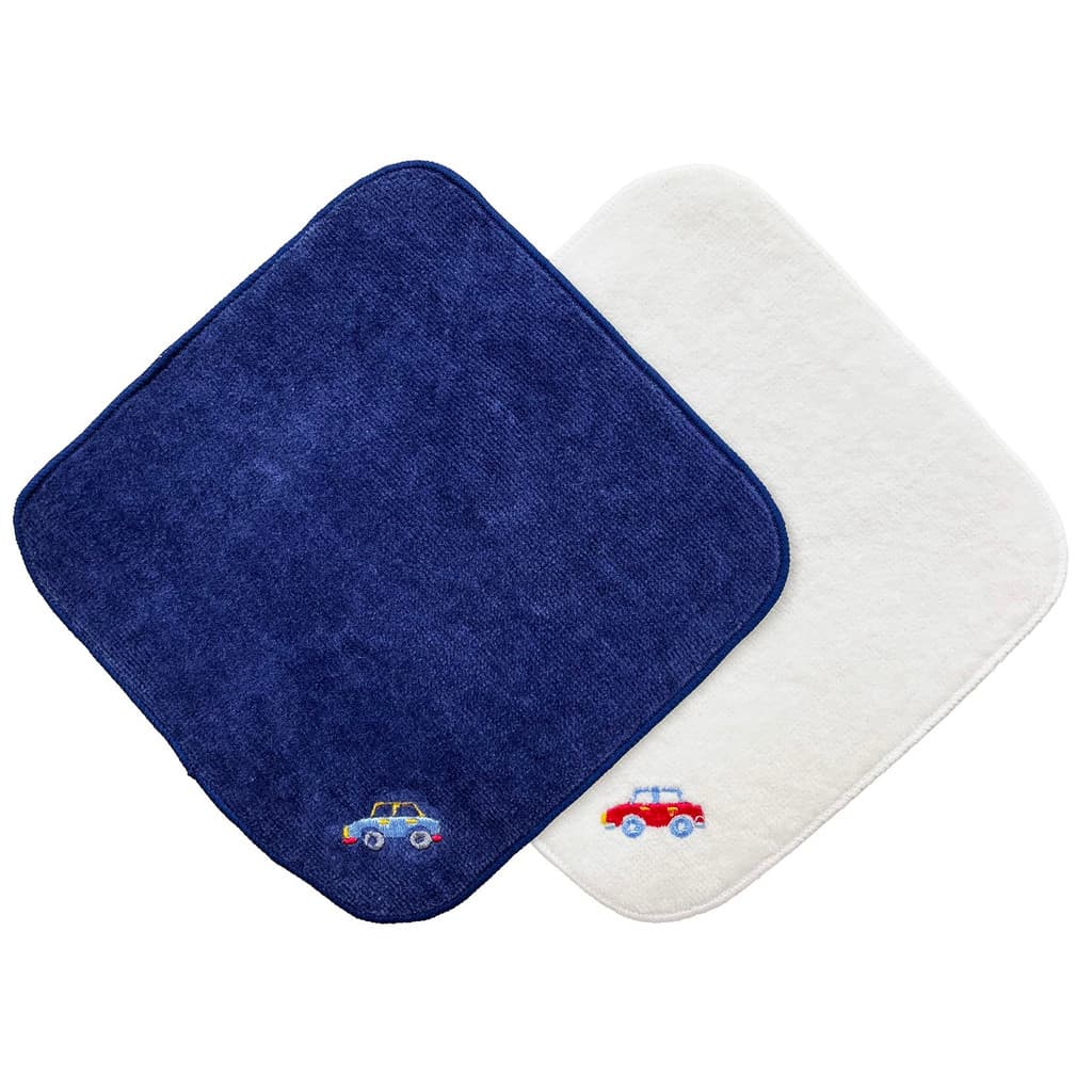Toalha Imabari × Mini toalha de mão Smiley (15cm × 15cm) 2 peças com espaço para nome (carro branco e carro azul-marinh