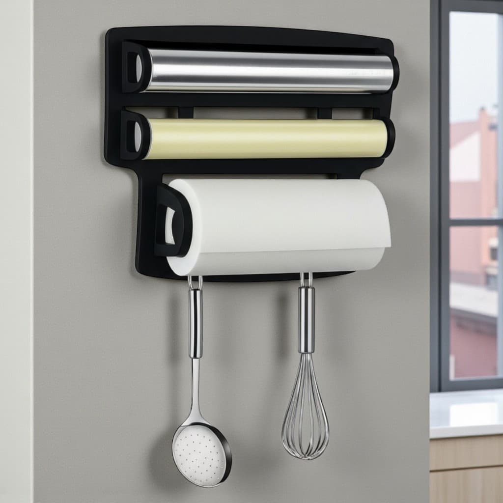 Porta Papel Toalha Triplo Organizador de Rolos para Cozinha– Papel Toalha, Filme Plástico e Alumínio