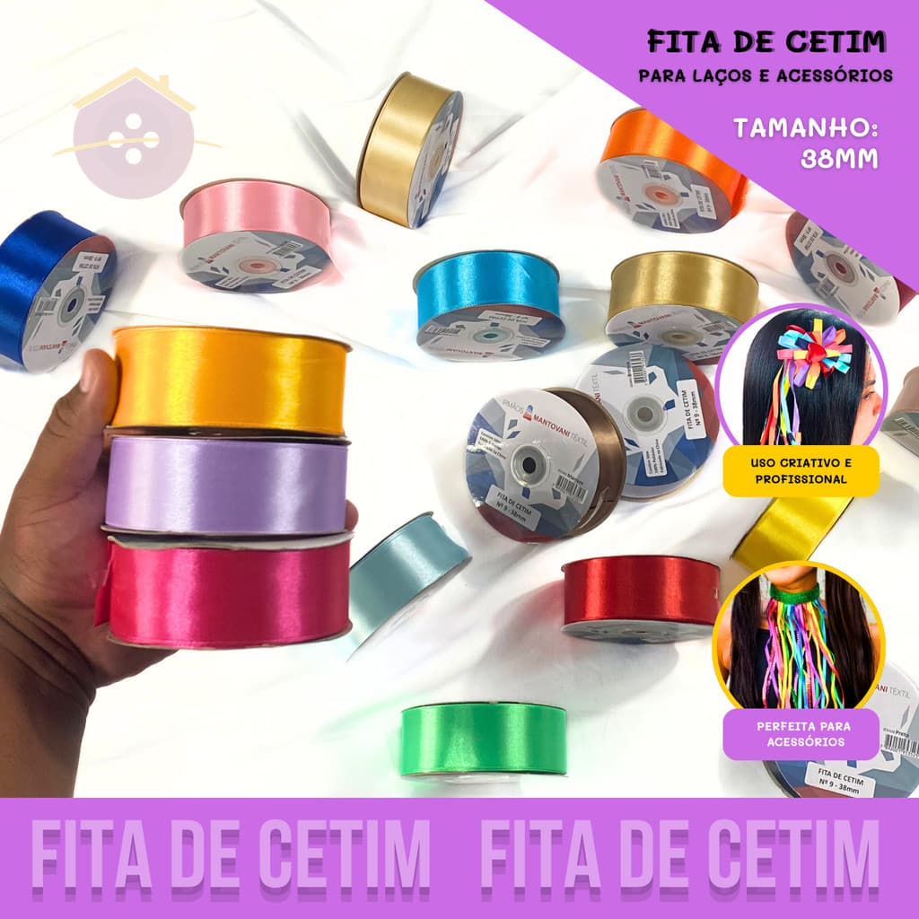Fita de Cetim Lisa - 38mm - Rolo C/50 Metros - Grade de Cores