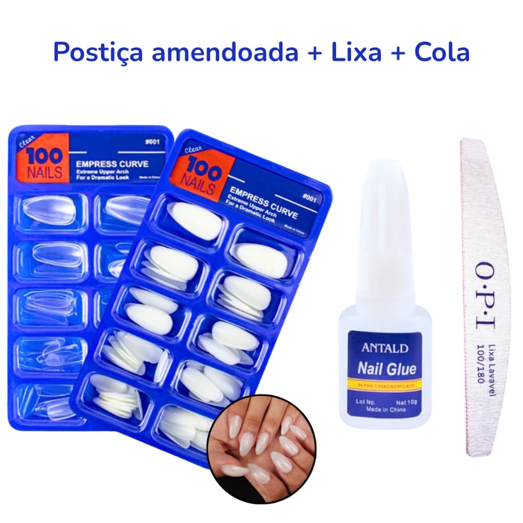 KIT 100 UNHAS POSTIÇAS AMENDOADA ALMOND NATURAL REALISTA + COLA UNHA + LIXA BUMERANGUE UNHA 100 180