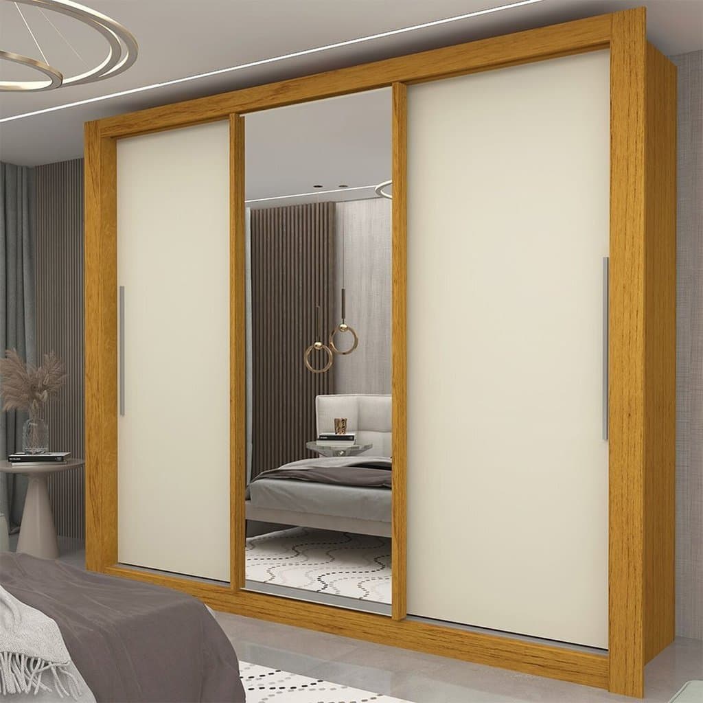 Guarda-roupa Casal 3 Portas 1 Porta Espelhada Milão Yescasa 100% MDF Naturale/Off White